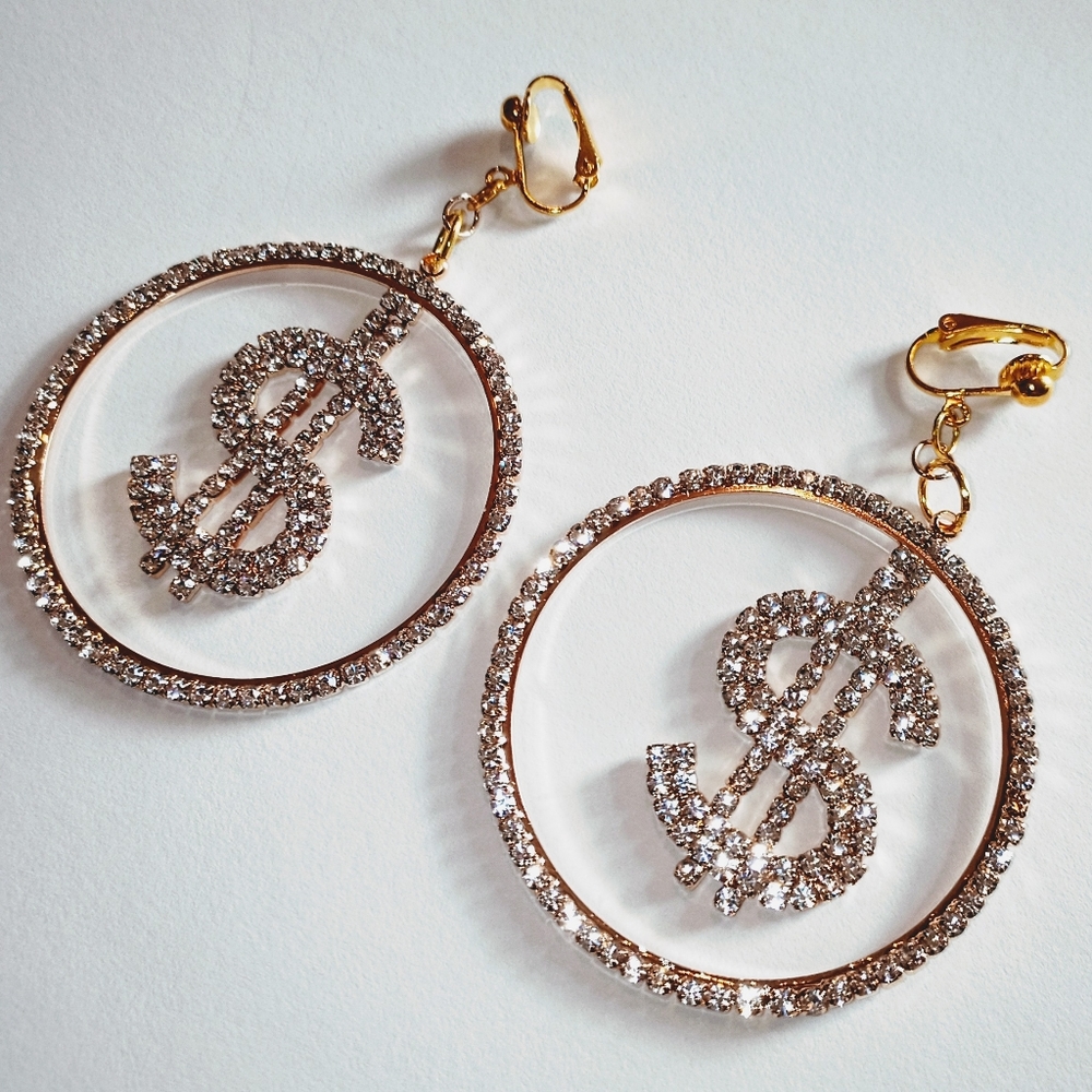 2" Gold Rhinestone $ Sign Hoop Clipon Earrings - Picture 4 of 6
